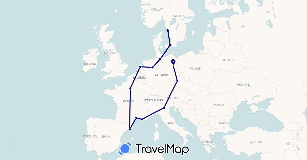 TravelMap itinerary: driving in Czech Republic, Germany, Denmark, Spain, France, Italy, Netherlands, Sweden (Europe)